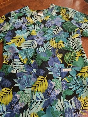 Cherokee Tropical Floral Teal, Aqua & Yellow Scrub Top